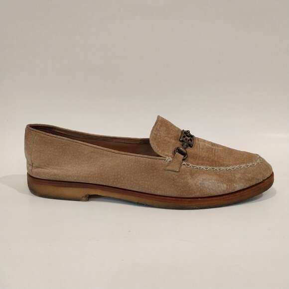 Escada Shoes Womens 8.5 Beige Tan Velvet Loafers Flats Moccasin Logo Rubber Sole - Picture 1 of 10